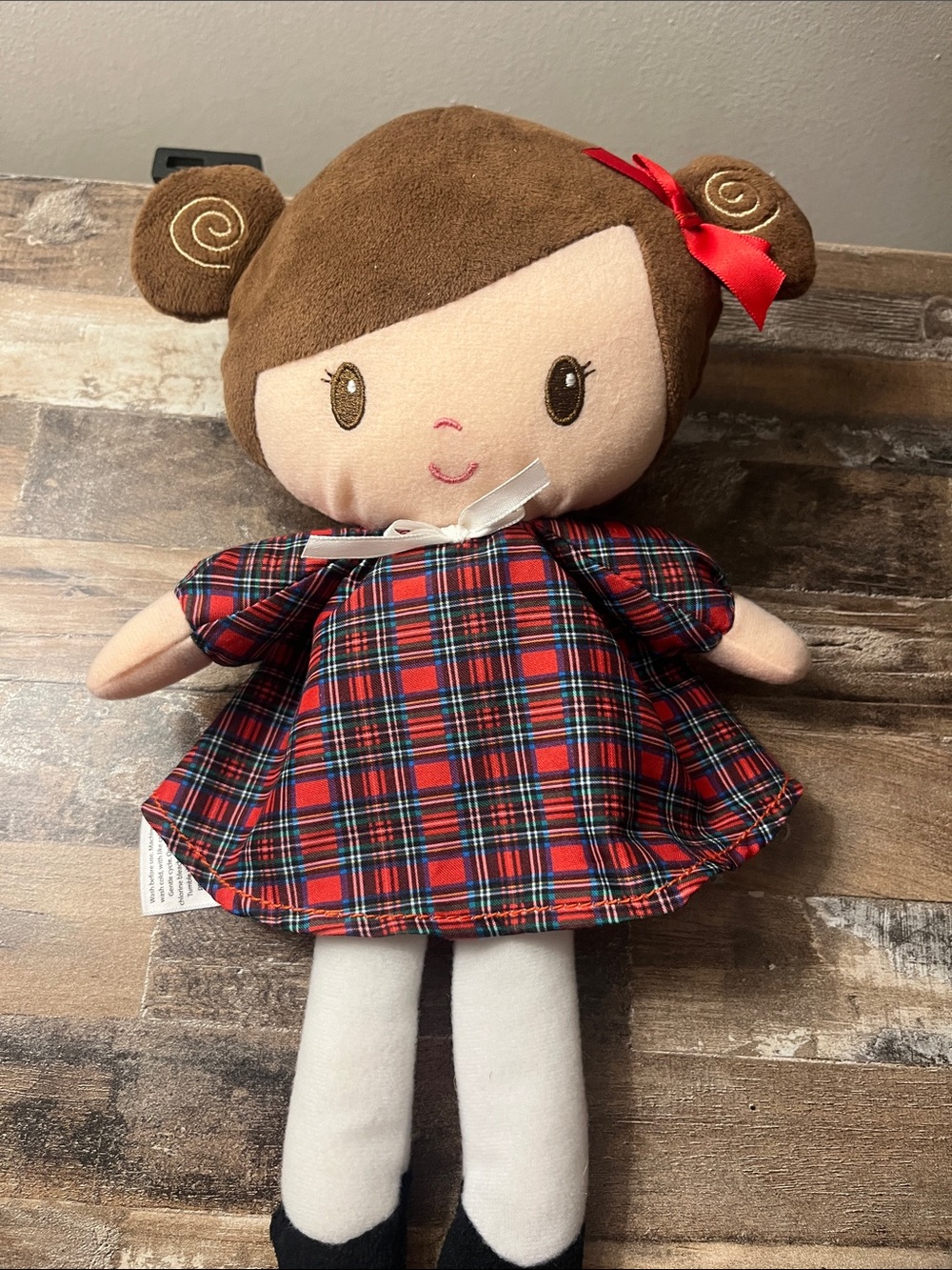 Little Me Red Plaid Dress Brown-Haired Plush Doll